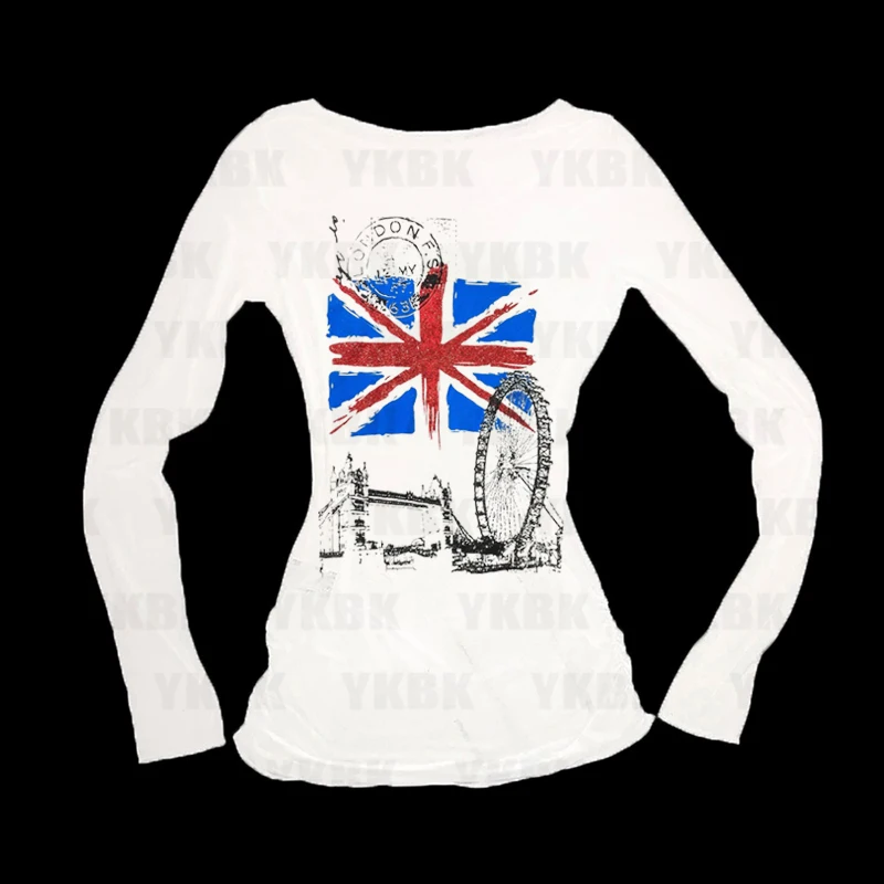 Amerikanisches Schwarz-Weißes 2000er Y2K Retro Y2K Print Langarm-Damen-T-Shirt High Street Gothic Trendiges Outfit Top Freizeitkleidung EMO
