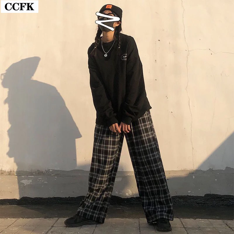 EMO Winter Oversize Plaid Pants Women Harajuku Streetwear Black White Checked Trousers Casual Y2k Grunge Straight Sweatpants