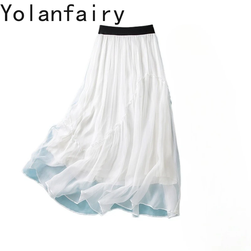 

YOLANFAIRY Pure Mulberry Silk Skirts for Women Summer Gentle Elegant White Skirt Woman Clothing 2026 Large Swing Skirts Female