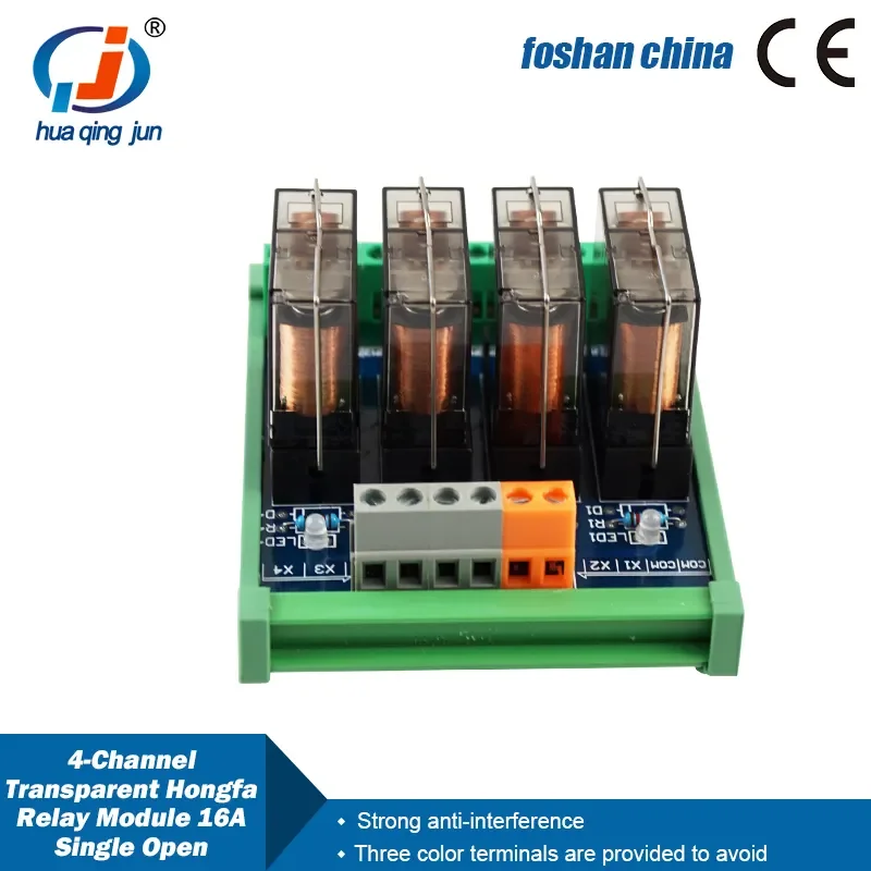 Huaqingjun 4-Channel Transparent Hongfa Relay Module 16A Single Open 24VDC Electromagnetic Relays for PLC