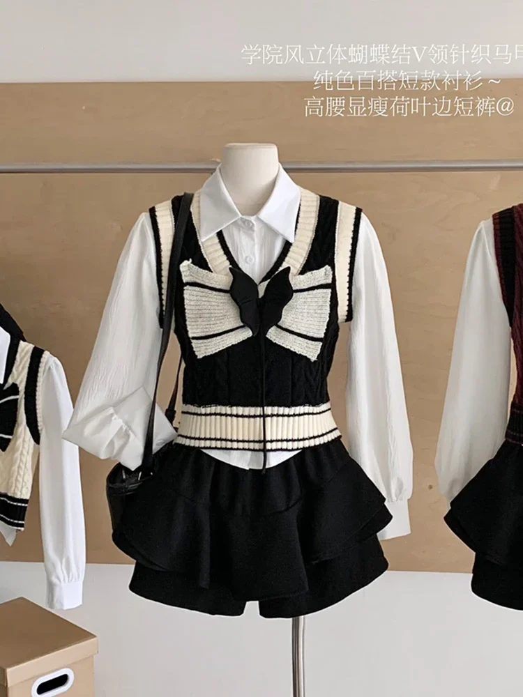 

Fall Winter Women Korean Gyaru 2000s Preppy College Outfits 3 Piece Set Long Sleeve Crop Shirt + Knit Vest + Mini SKirt Culotte