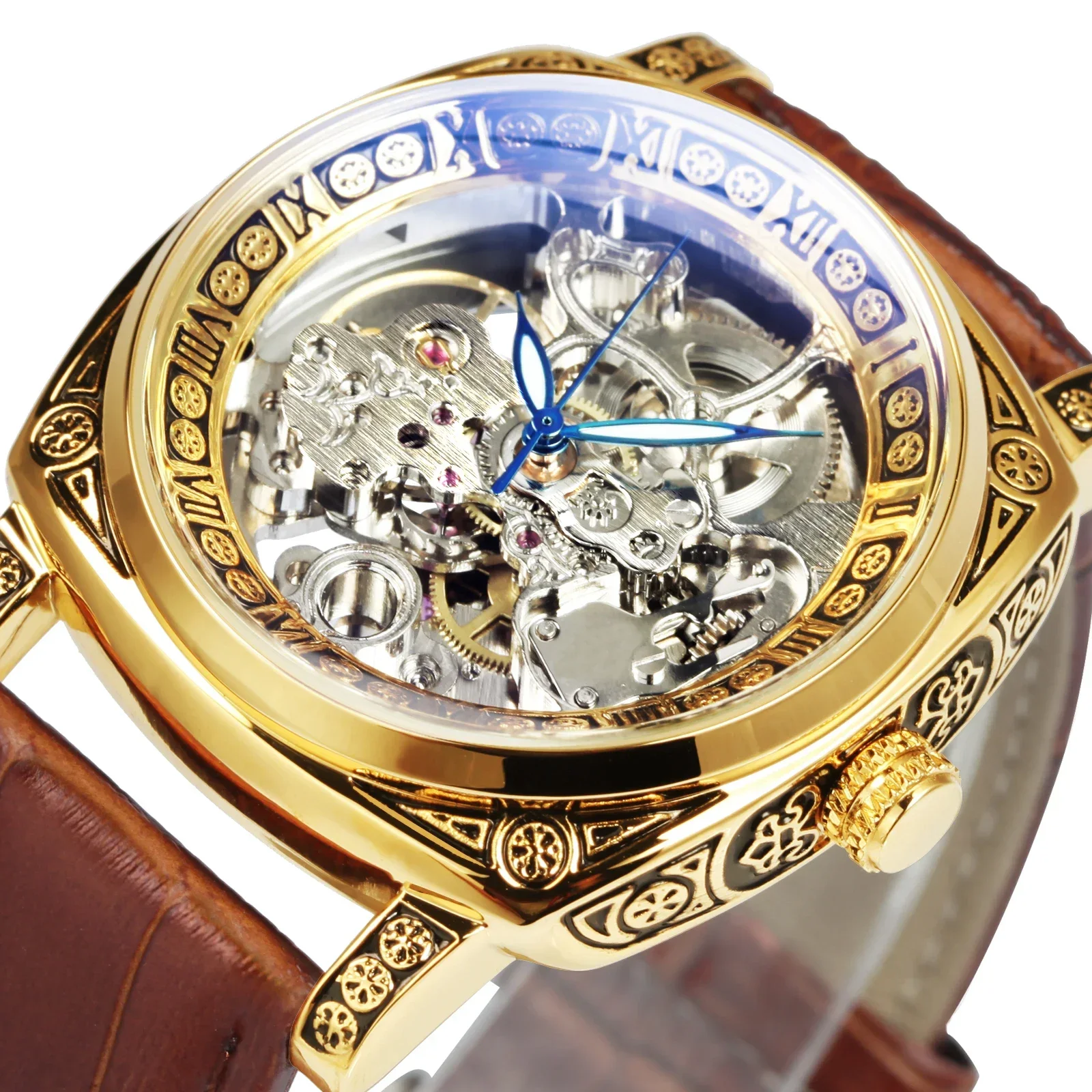 

Square Retro Gold Mechanical Mens Watches Top Brand Luxury Skeleton Automatic Watch Engraved Movement genuine Leather Strap 2024