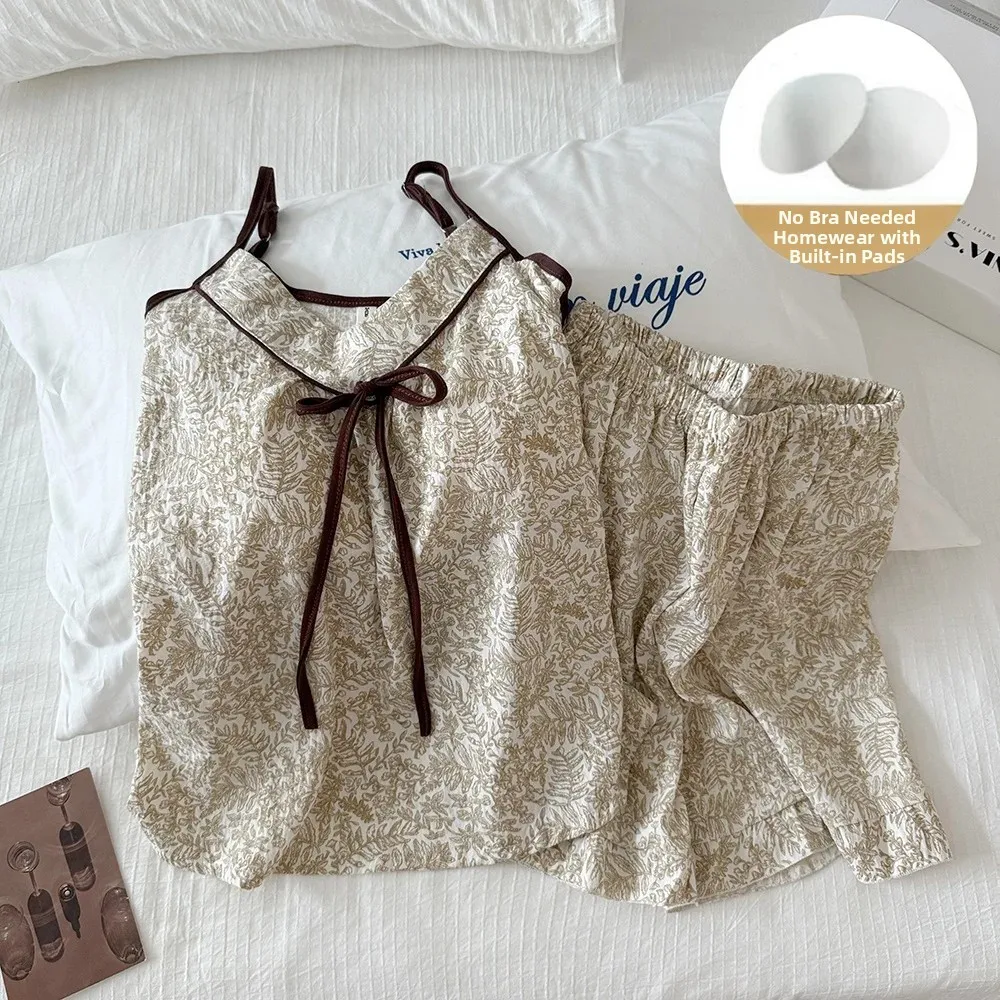 Women's Summer Sleepwear Strap Brown Floral Print Cloud Cotton Home Clothes with Chest Pad V-Neck Short Sleeve Loose Fit