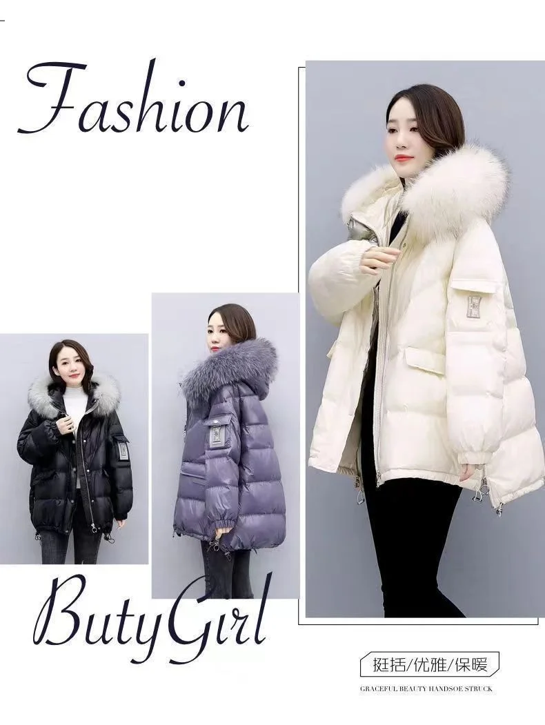 2026 Winter New Warm Down Cotton Jacket With Large Fur Collar Hooded Coat Loose Women Thicken Parker Puffer Overcoat Casual Wear