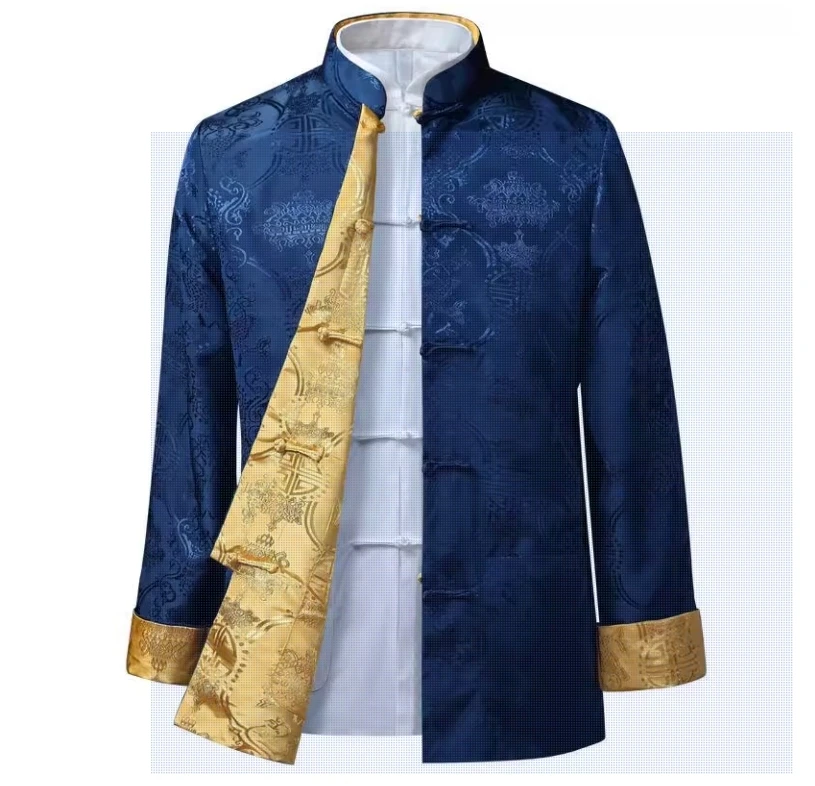 Jaket Tang Suit Musim Semi Musim Gugur Pria Kasual Kostum Nasional Tiongkok Ayah Kancing Panjang Dapat Dibalik Untuk Usia Menengah dan Lansia
