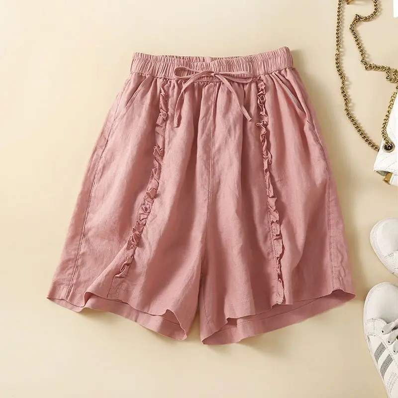 Women's Ruffles Cotton Linen Shorts 2026 New Summer Solid Color Wide-leg Casual Shorts Female Lace-up Waist Loose Shorts Pants
