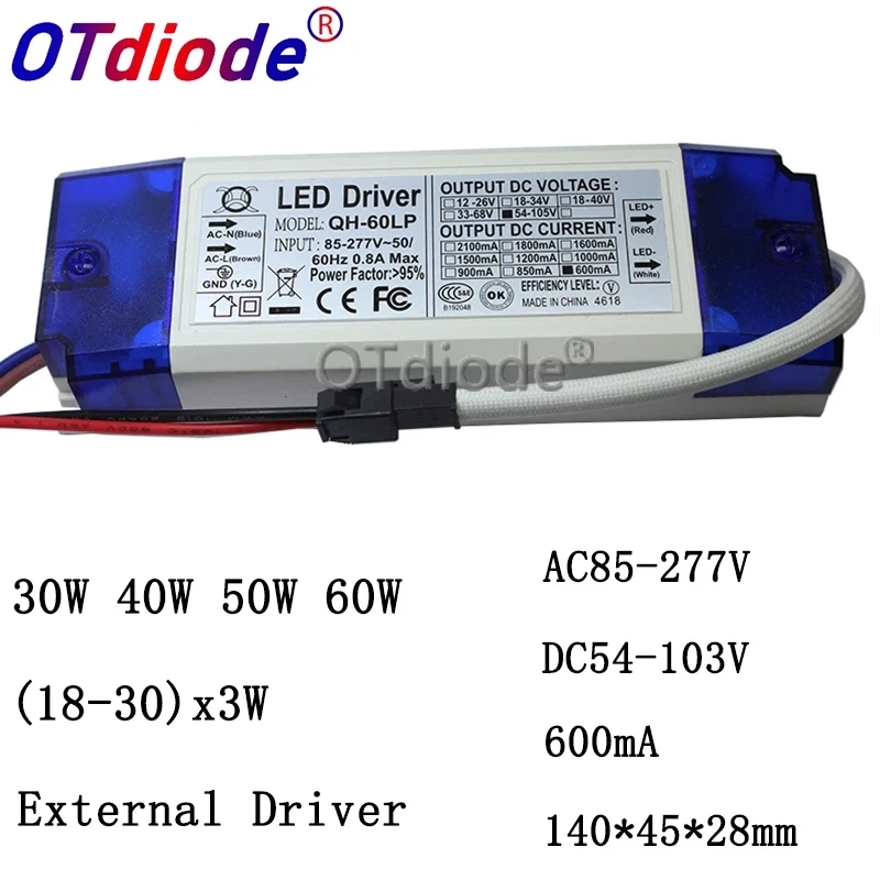 

1pcs-10pcs 40W 50W 60W 600mA LED Driver Constant Current 18-30x3W DC54-105V Lighting Transformers For Floodlight Power Supply