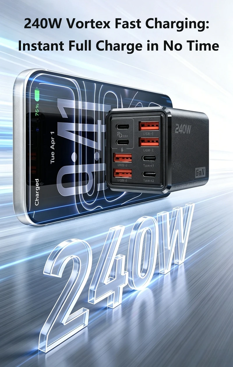 240W GaN Charger 8-Port USB Fast Charger Block 4A4C Multi-Port Charging Station with Intelligent Temp Control 100-240V Charger - view 5