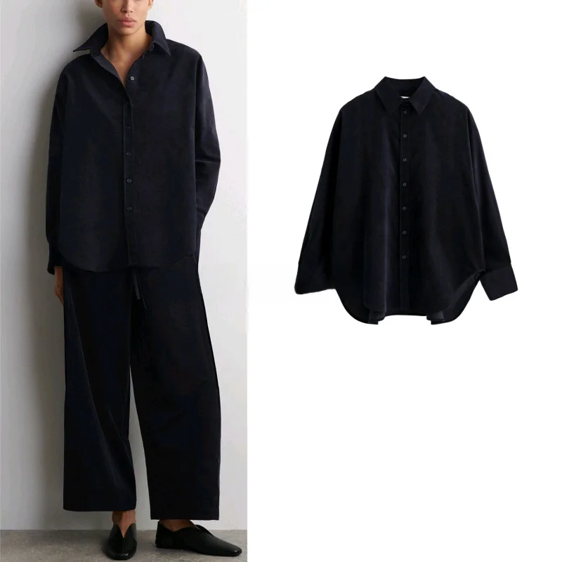 

Spring New Women's Stand Fit Point Collar Long Sve Single Button Corduroy irt Top Casual Loose Polyester Fiber