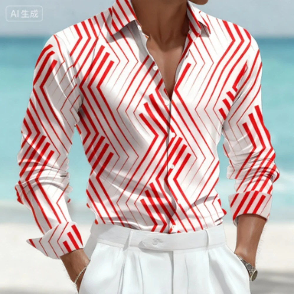 قميص رجالي مخطط هندسي بأكمام طويلة وطية صدر السترة كاجوال لقضاء عطلة شاطئ هاواي مصمم عصري قماش عالي الجودة