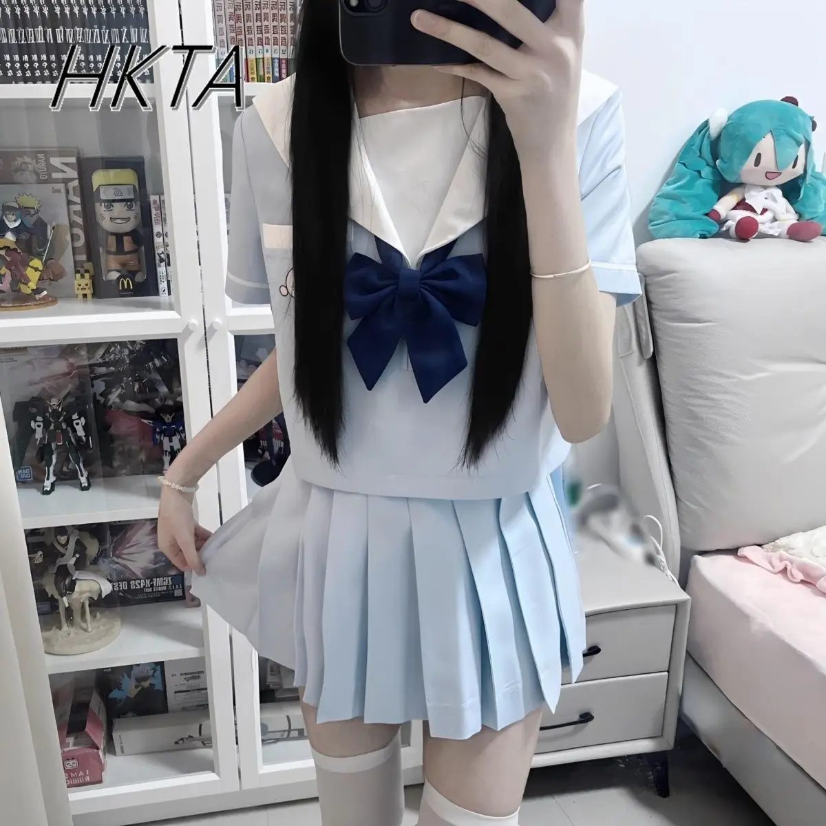 

JK Sailor Suit Jk Uniform College Style Sweet Cute Slim Short Sleeve Shirt Cartoon Embroidery Blouse Pleated Skirt Two-piece Set