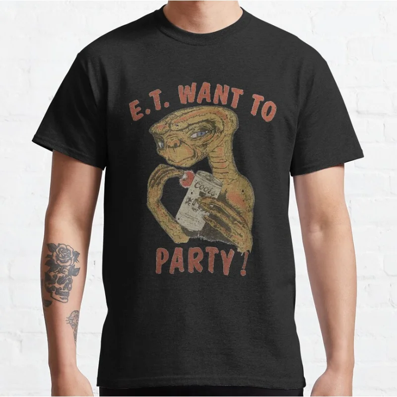ET Wants to Party The Extra Terrestrial 80s Horror movie Alien E.T. Sci fi Short-sleeve crewneck T-shirt large size Adult Tops