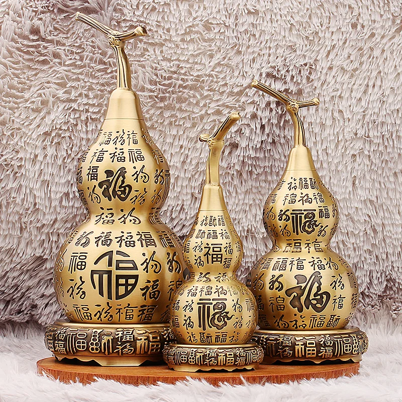 

Brass Hundred Blessings Gourd Living Room Entrance Office with Base Hollow Blessing Character Copper Gourd Metal Craft Ornament