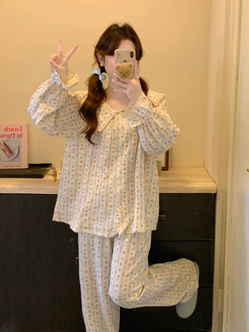 Flower Bear Print Autumn Pajamas Set Women Cotton Korean Two Piece Home Suit Kawaii Peter Pan Collar Home Suit Loose Casual Cute