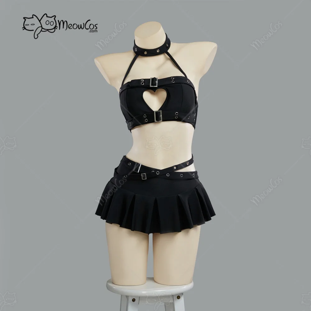 US Stock MEOWCOS Women Dark Rebel Gothic Black Heart Cutout Swimsuit Punky Buckle Two-Piece Beach Wear Halter Top and Culottes view 2