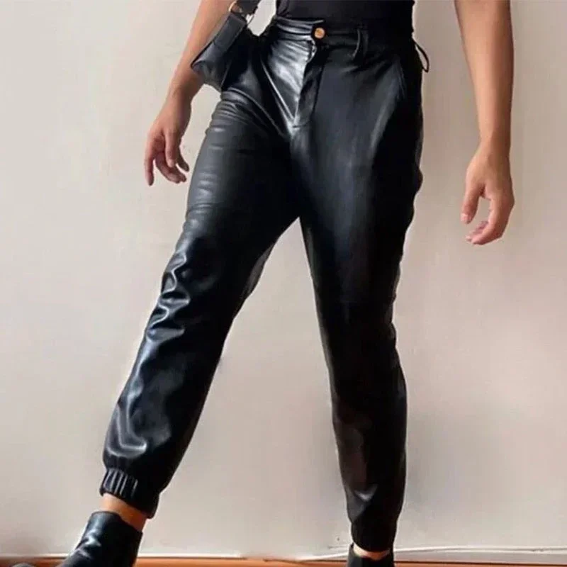 Men's Casual Matte Leather Joggers High Waist Faux Leather Cropped Pants Stretch PU Elastic Band Foot Bound Carrot Pants Custom