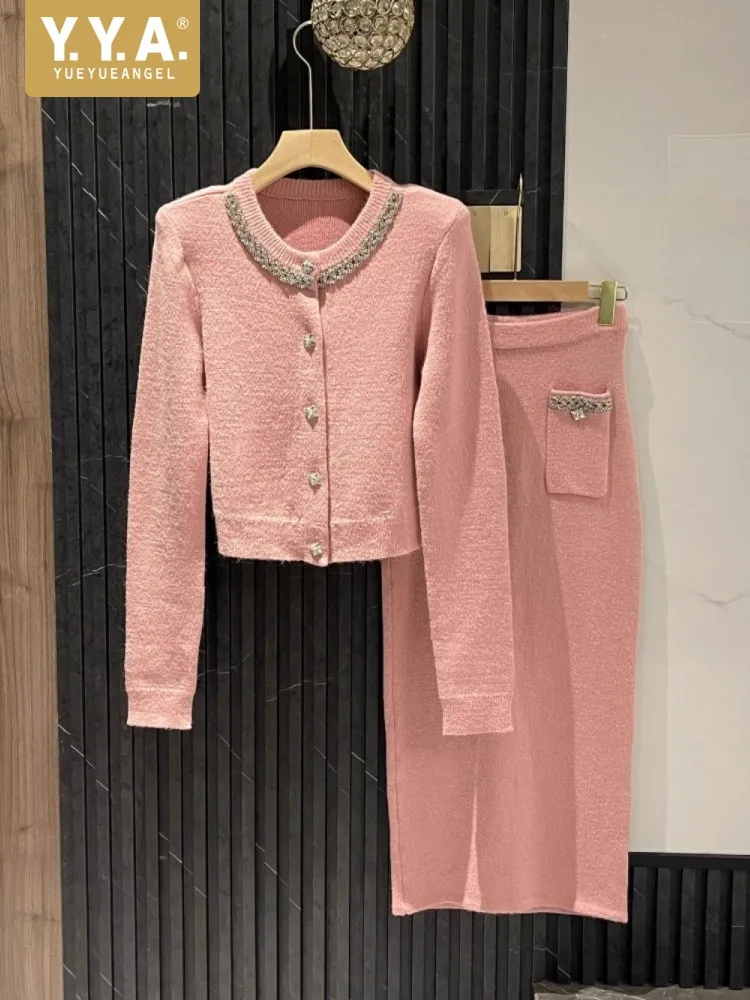 Damen Herbst Rosa Strick-Zweiteiler Elegantes Geburtstags-Party-Set mit Glitzernden Diamanten Strickjacke und Wadenlanger Rock