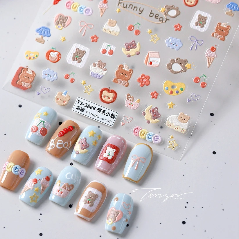 Bear Cat Clouds Cherry Food Ice Cream Milk Bowknot Heart Apple Adhesive Nail Art Stickers Flower Star Strawberry Manicure Decals