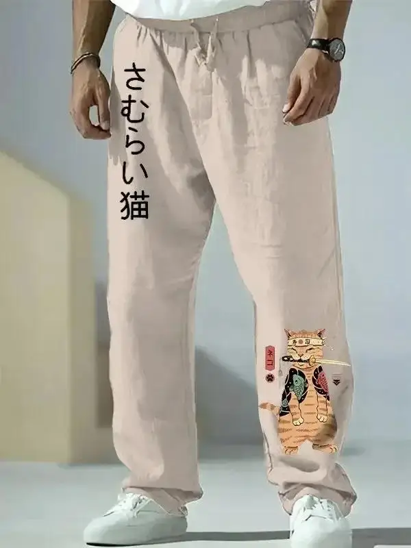 Unisex-Hose mit japanischem Samurai-Katzen-Print und weitem Bein, Harajuku Hipster Sommer-Streetwear-Jogginghose für Männer und Frauen – Detail 10