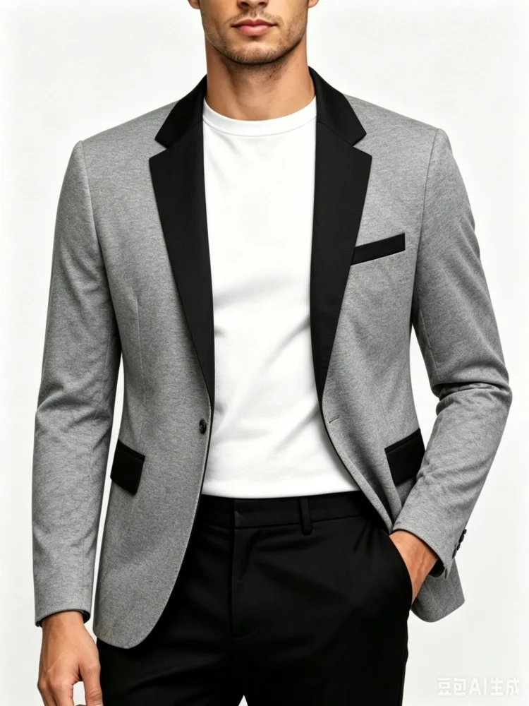 Men's One Button Blazer Heather Grey Base Black Decorative Trim Print Slim Fit Single Breasted Lapel Suit Blazer