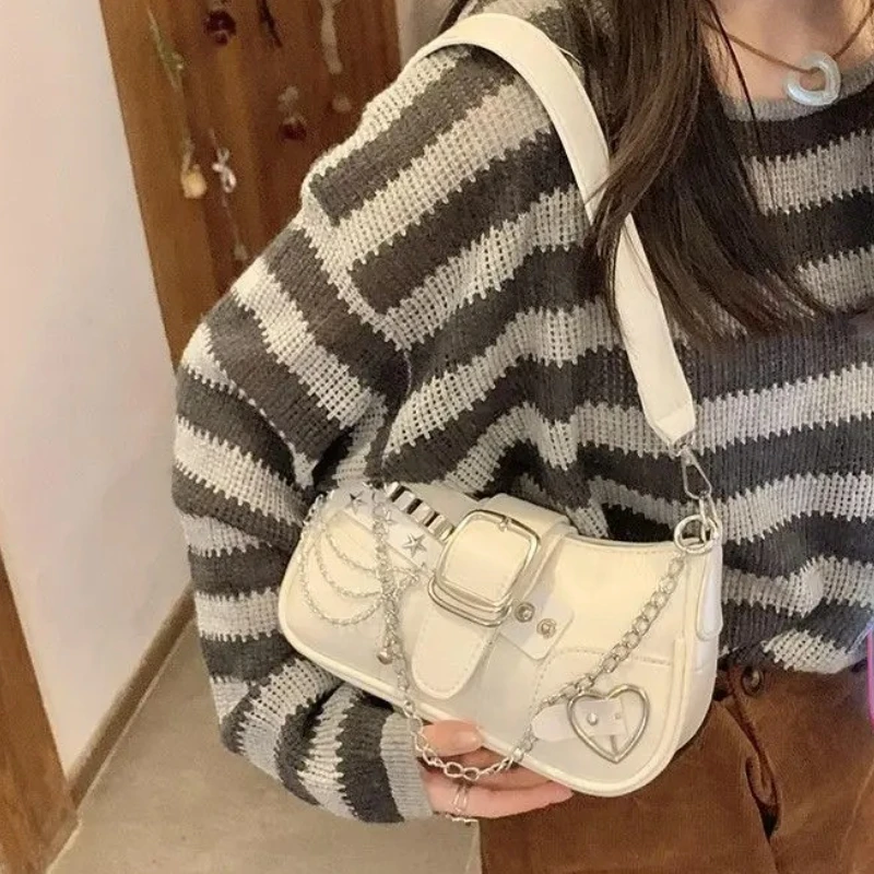 

Retro American Style Y2k Metal Rivets Large Capacity Armpit Bag Super Cool Pu Pink Storage Bag Women Bags Single Shoulder Bag
