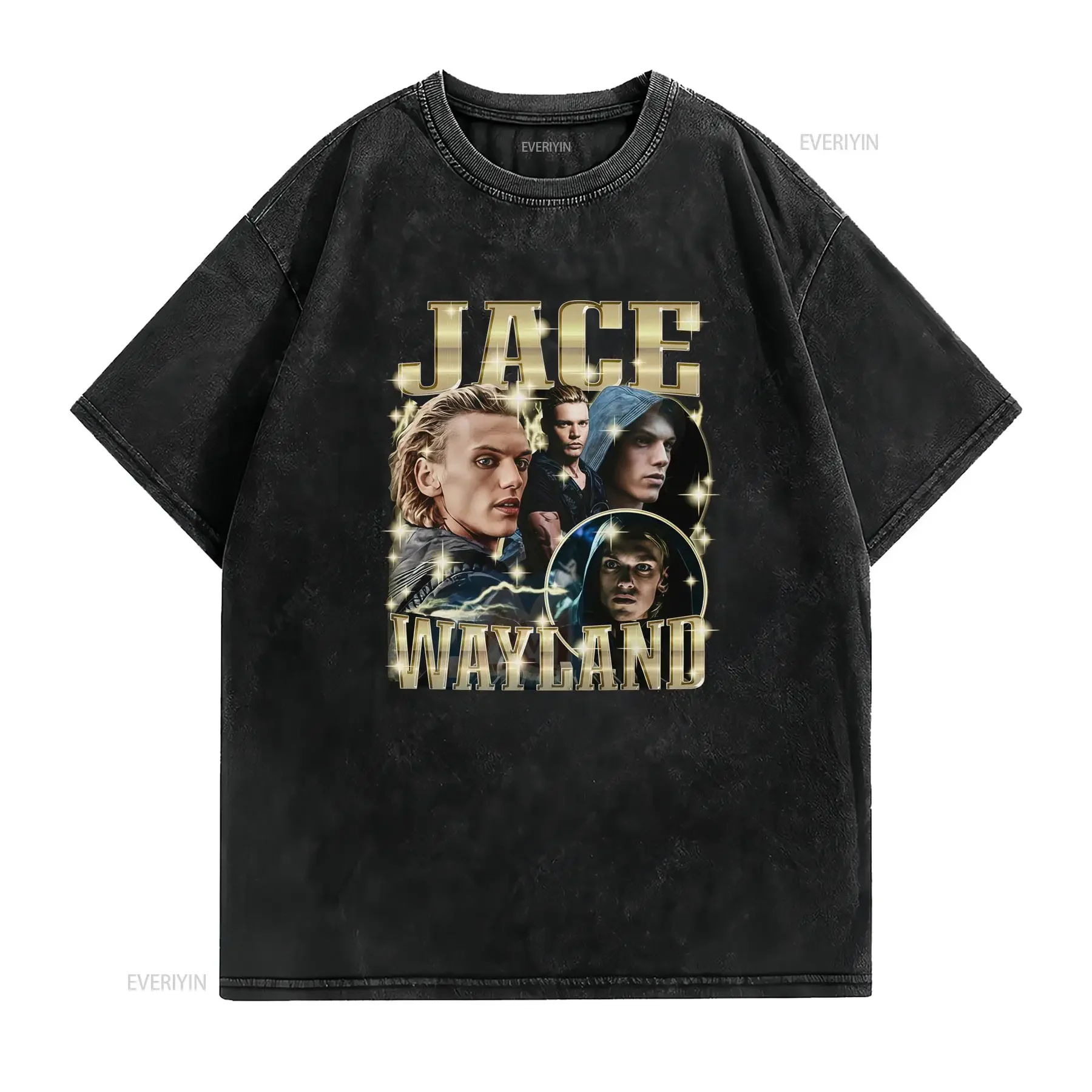 T shirt da uomo Mortal Instruments Jace Wayland con ritratto del personaggio iconico e stampa di testo dorato adatta per