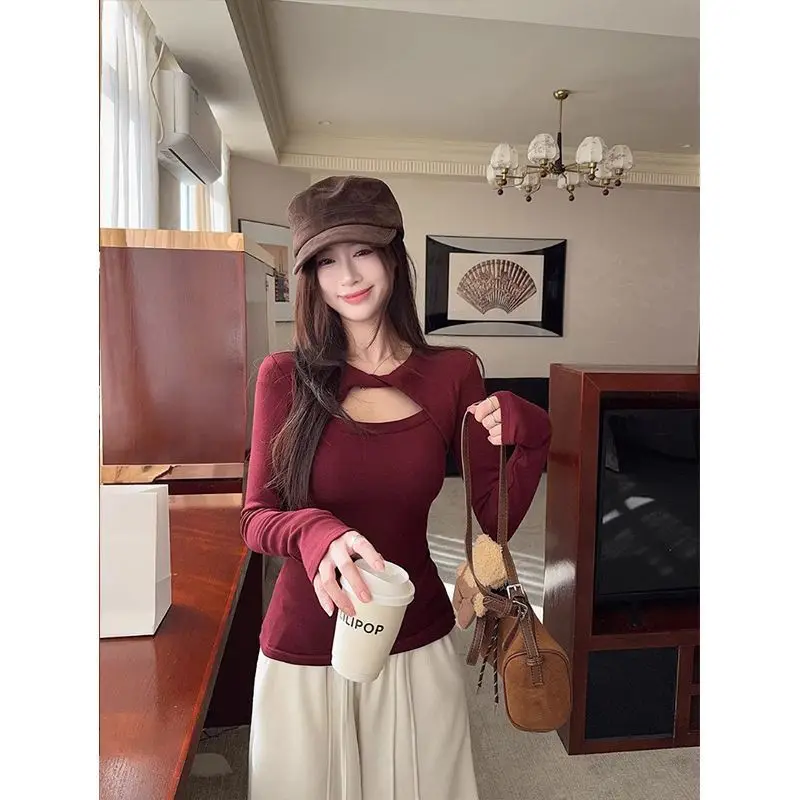 Women's Long Sleeve T-Shirt Design Knot Hollow out Slim Fit Waist Control Winter New Style Base Layer Top V-Neck Cotton Blend