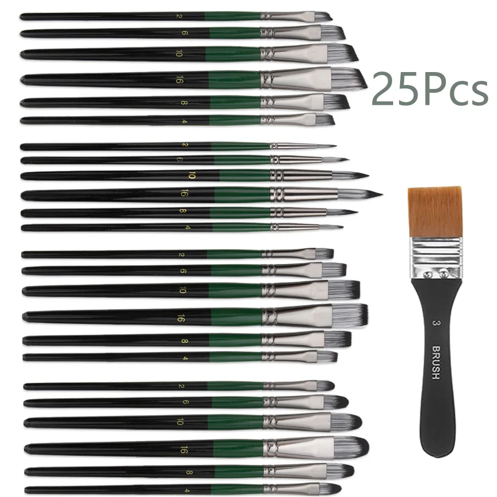 25pcs High-Quality Professional Artist Paint Brush Set - Various Shapes Including Round, Filbert, Flat & Angular for Oil, Acry