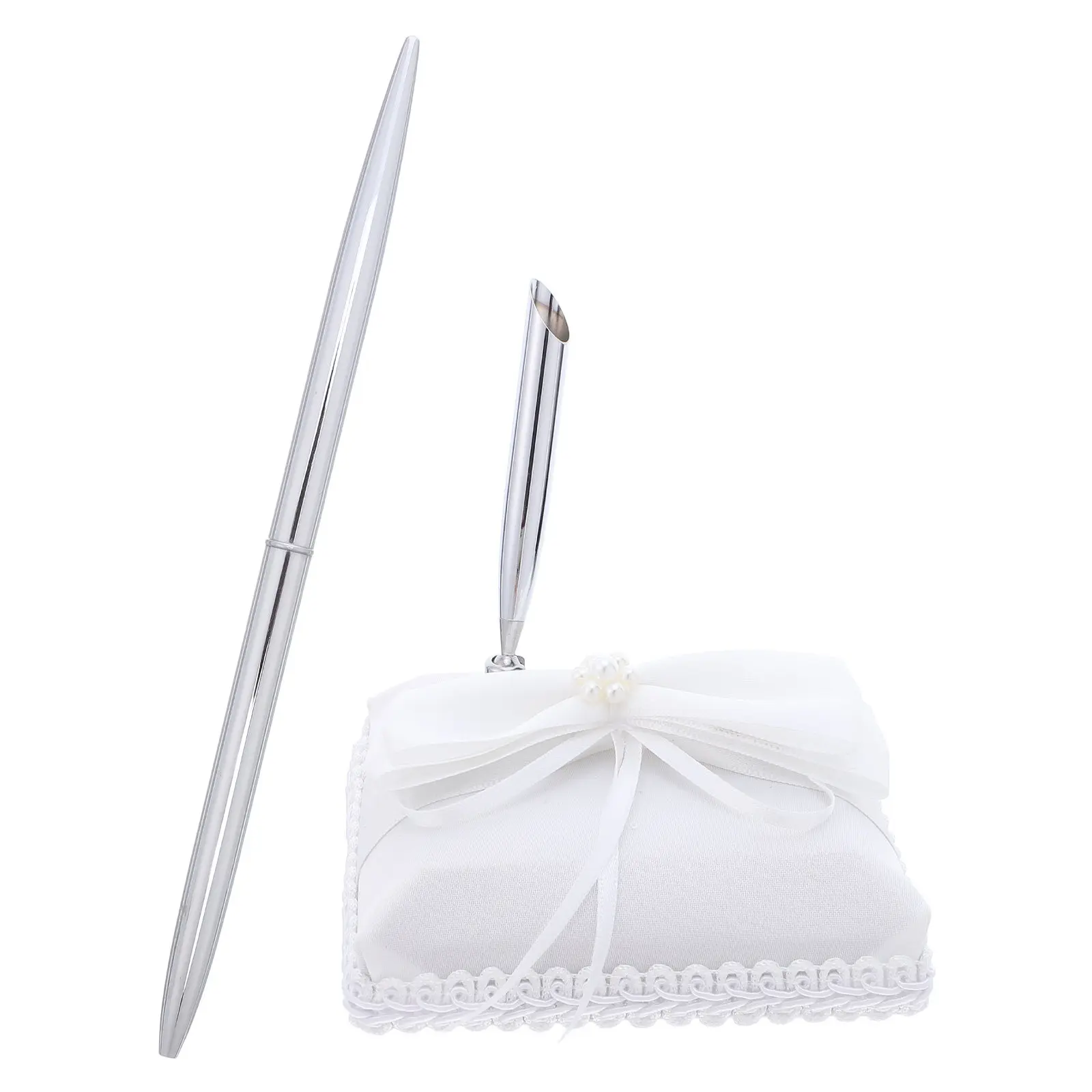 

Elegant Bridal Guest Book Pen Set Metal Ballpoint Bow Tie Fabric Stand for Wedding Reception Photo Book Sign in Use