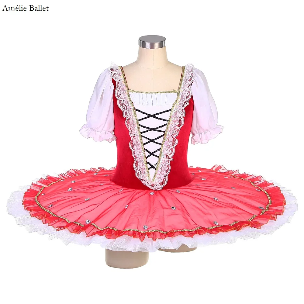 BLL401 Short Sleeve Ballet Pancake Tutu Red Stretch Velvet Bodice with 7 Layers Pleated Tutu Skirt Pre-Professional Ballet Tutus