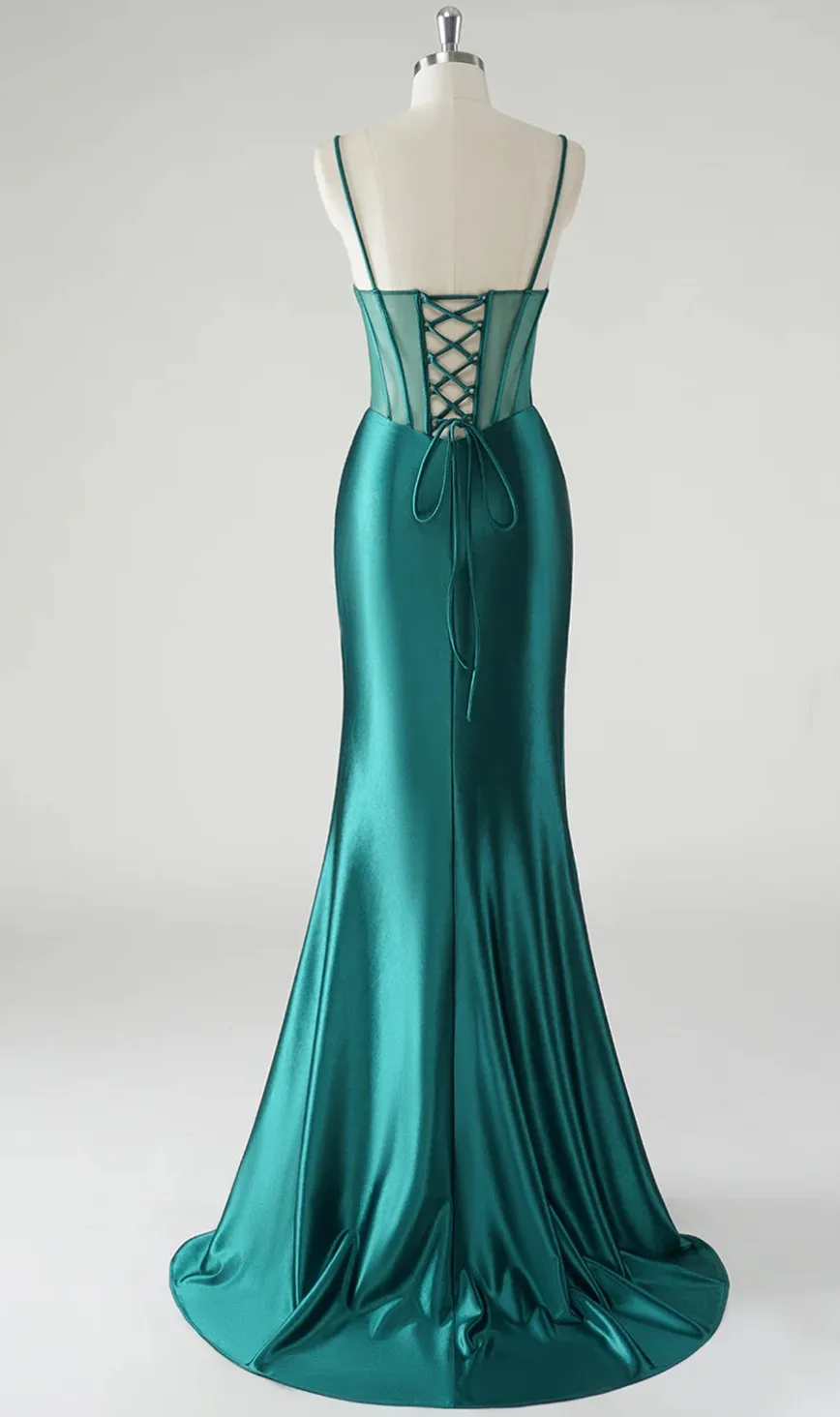 Op maat gemaakte lange groene satijnen spaghetti-galajurken met split, zeemeermin, liefje, geplooide Watteau-trein-avondjurk voor dames