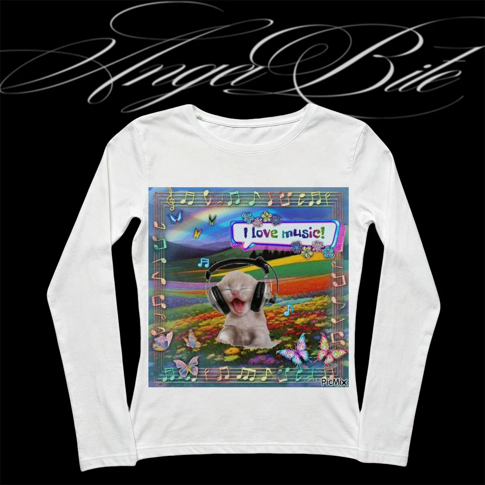 Kawaii Coquette Women Round Neck Long Sleeve Top Music Kitten Butterfly Print Slim Y2K Vintage Fitted Casual Tee