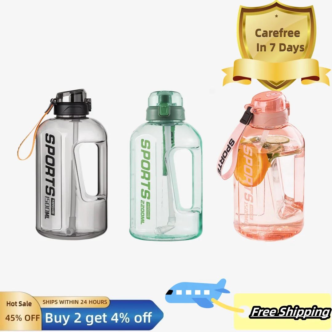 

1500/2200ml Ergonomic Handgrip Large Capacity Sport Water Kettle One-Key Opening Transparent Soft Straw Sport Water Bottle