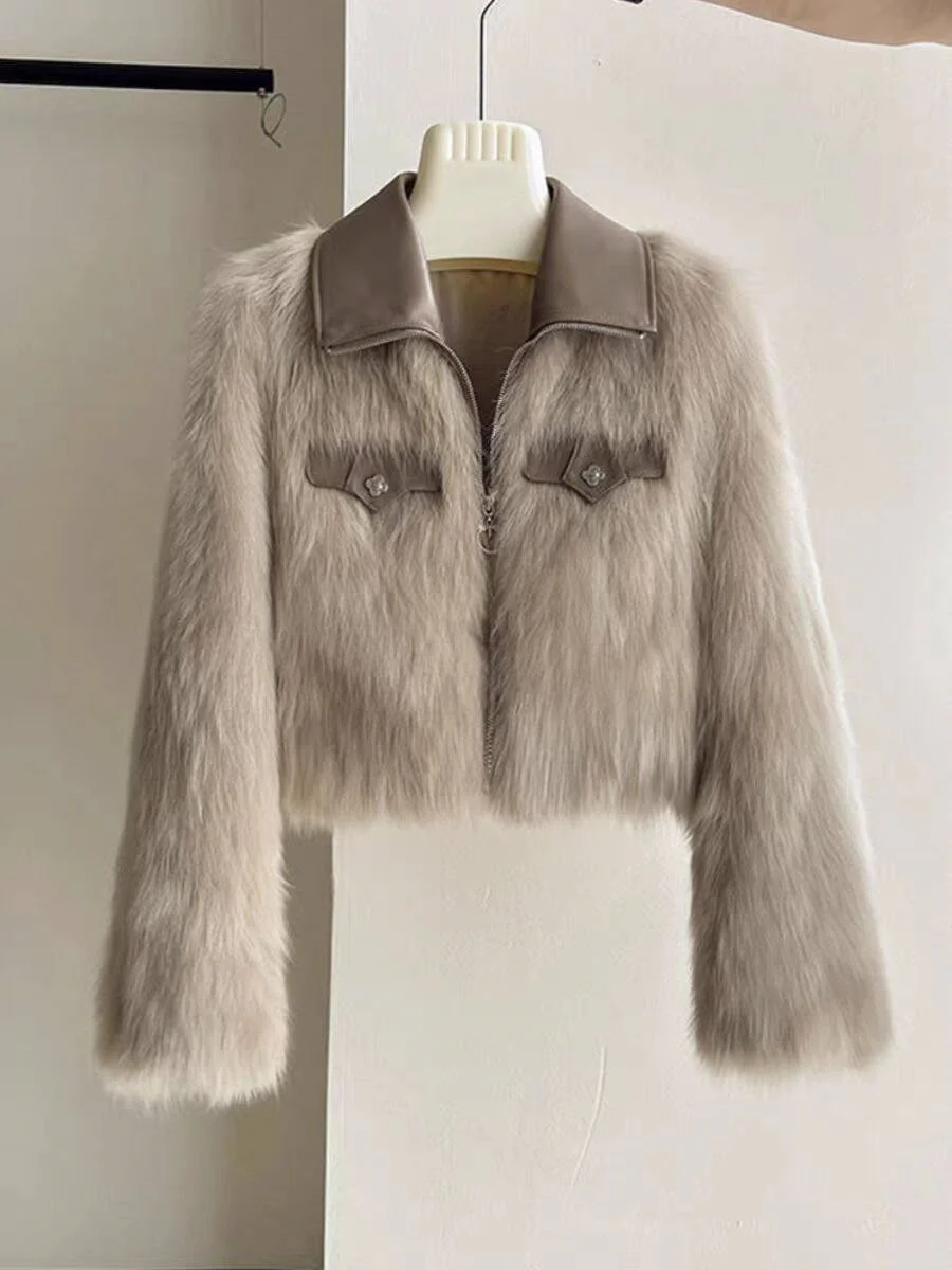 

Женская элегантная меховая куртка Clothland на молнии с длинными рукавами и отложным воротником, утепленное пальто для женщин, модель CB303