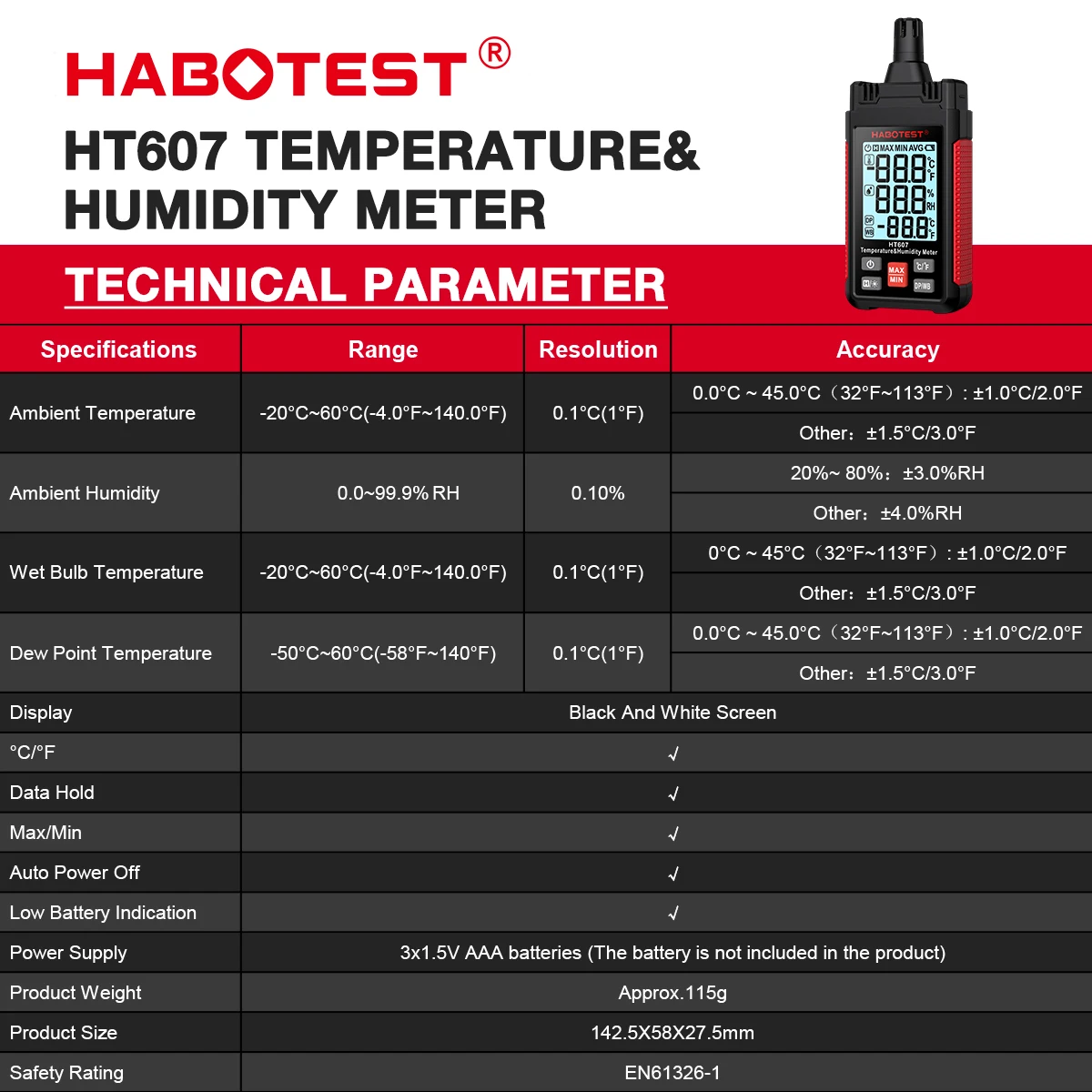 HABOTEST 디지털 온도 습도 계량기, 전문 실험실 습도계, 농장 플라스틱 창고 수분 계량기, HT607