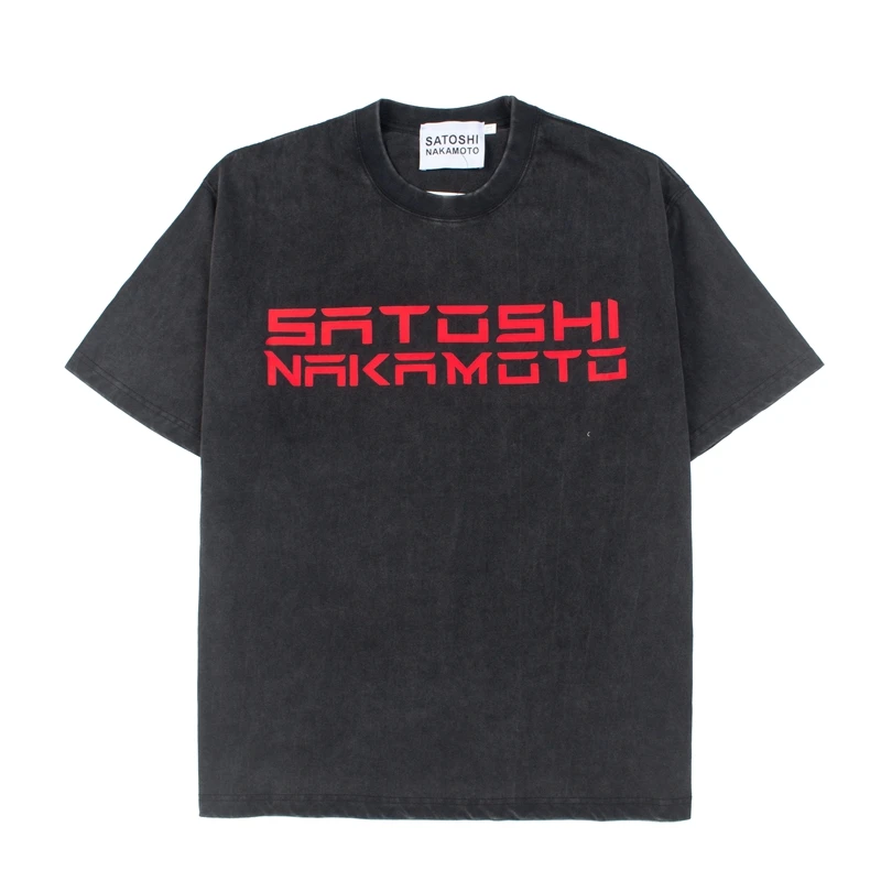 Summer Trendy Brand Loose Letter Slogan Washed and Used Short Sleeve T-shirt SATOSHI NAKAMOTO Pure Cotton Printed Top Tee