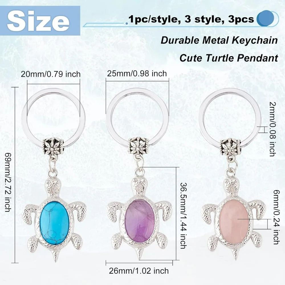 3pcs Turtle Keychains Natural Amethyst Rose Quartz Keychains Alloy Synthetic Turquoise Sea Turtle Keyrings for Women Backpack