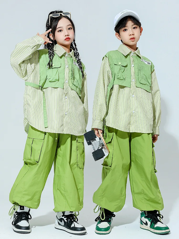 Mode Groene Faketwo Kind Dance Wear Hiphop Kostuum 4 Meisjes Jongens T-Shirt Broek Moderne Jazz Show Kleding Stijldanskleding