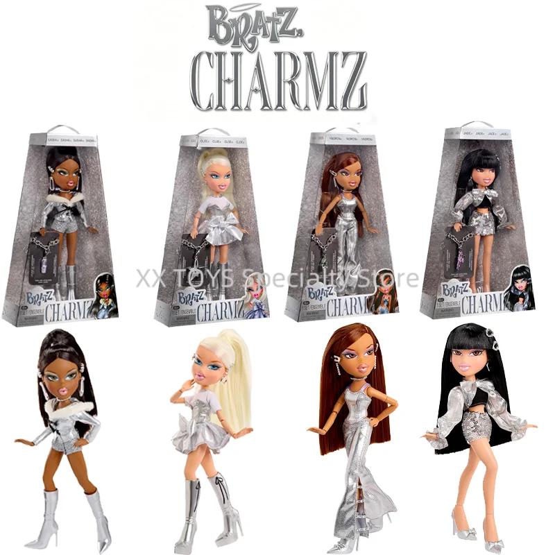Original Bratz Charmz Fashion Dolls Metallic Silver Collection: Sasha Cloe Yasmin Jade Collectible Charm Bracelet Kids Gift Toys