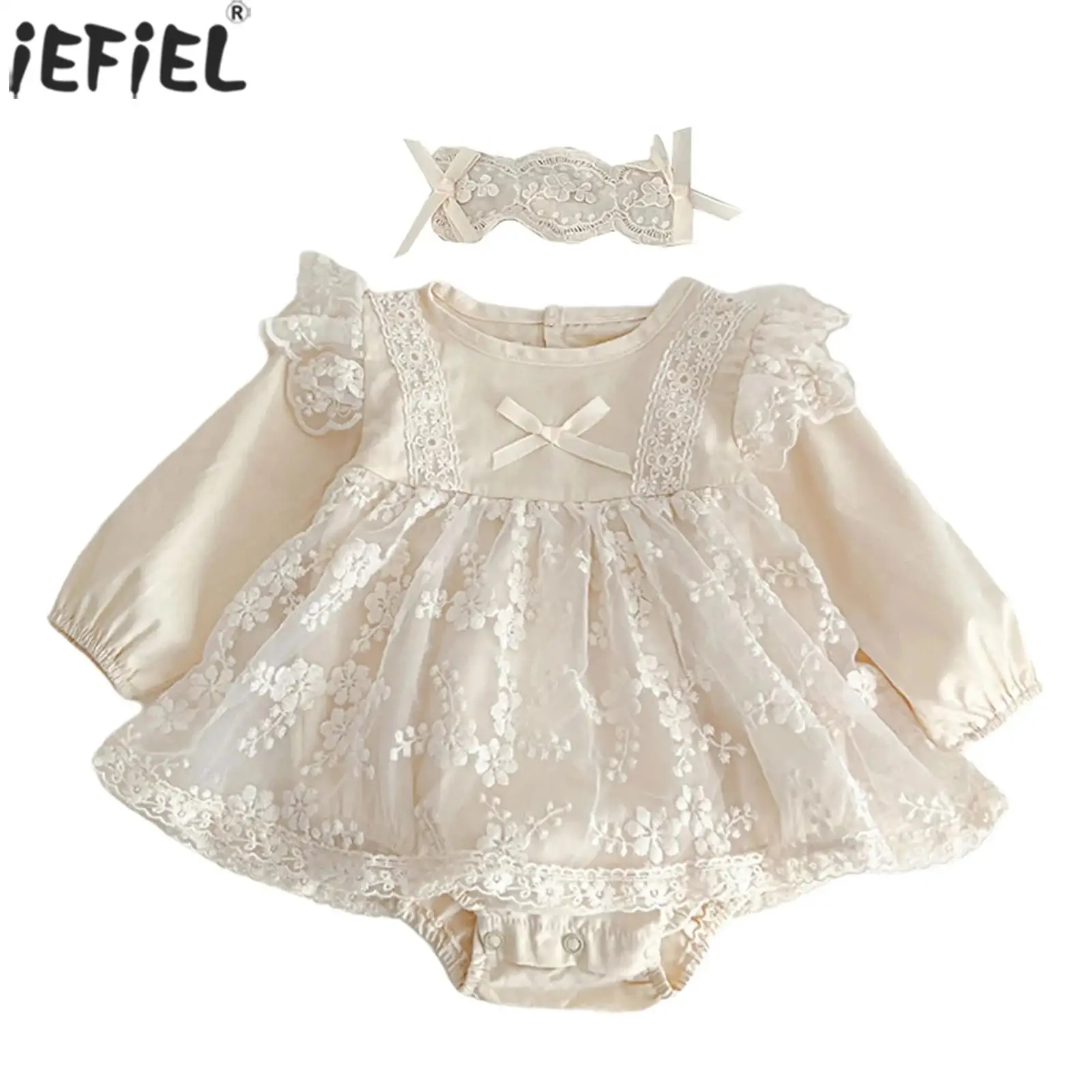 Newborn Infant Baby Girls Clothes Long Sleeve Lace Flower Embroidery Romper Dress Toddler Bodysuit with Headband Casual Wear