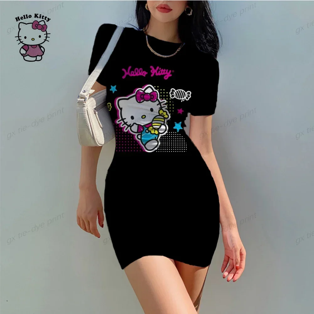 Hello Kitty Print Bodycon Cami Midi Dress Boho Short Sleeve Skinny O Neck Slim Vacation Wrapped Skirt Summer Mini Dress Hot Sale