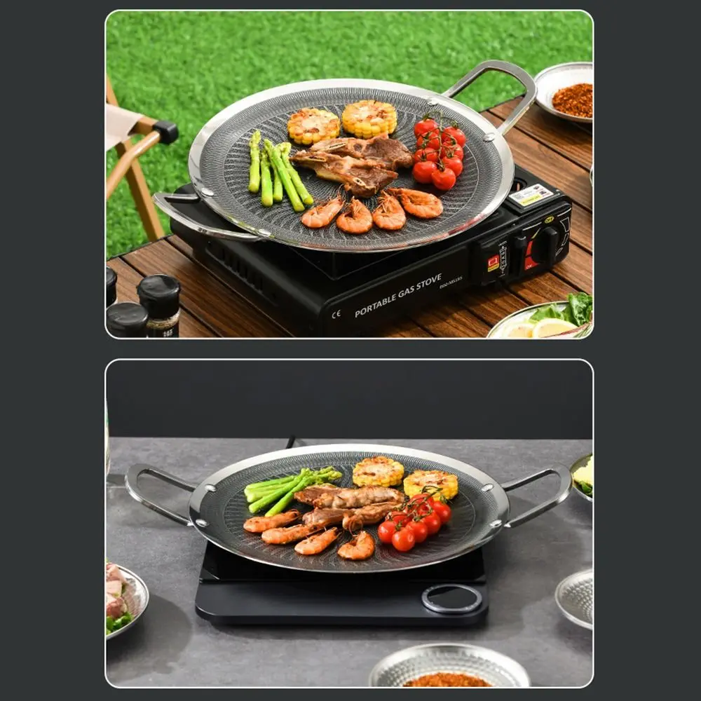 Round Nonstick Barbecue Plate Thickened Bottom Stainless Steel BBQ Grill Pan Easy To Clean Portable Roasting Tray Camping