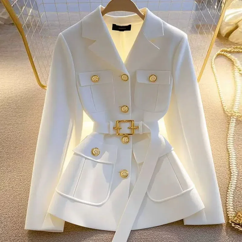 2025 Spring Autumn New Chic Casual Blazer Jacket Women Outwear Fashion Loose Belt Double Single-Breasted Professional Suit Tops