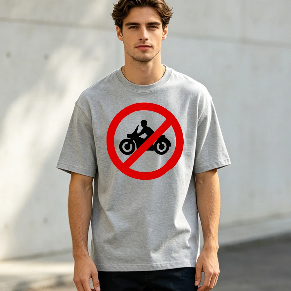No Motorcycle Traffic Sign Silhouette Graphic Men Summer Cotton T Shirt Biker Humor Minimal Symbol Short Sleeve Apparel