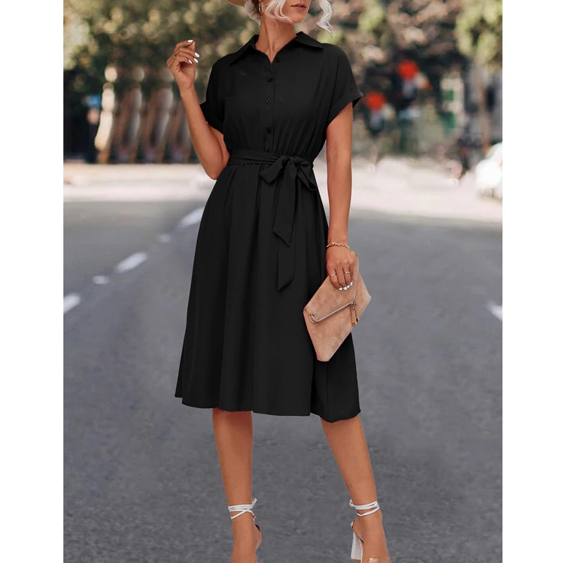 Women's Vintage Fashion Elegant Lace Up Button Shirt Midi Dress Summer Solid Short Sleeve Slim Party Dresses High Waist Vestidos