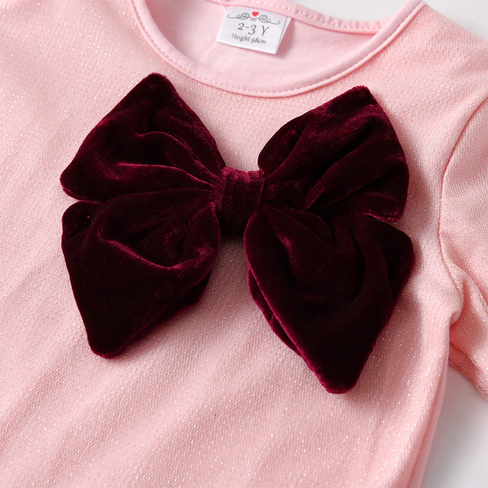 VIKITA Children Cotton Casual Dresses Kids Pink Ruffles Dress Girls Autumn Spring Long Sleeve Straight Dress with Bowknot 3-8 Y
