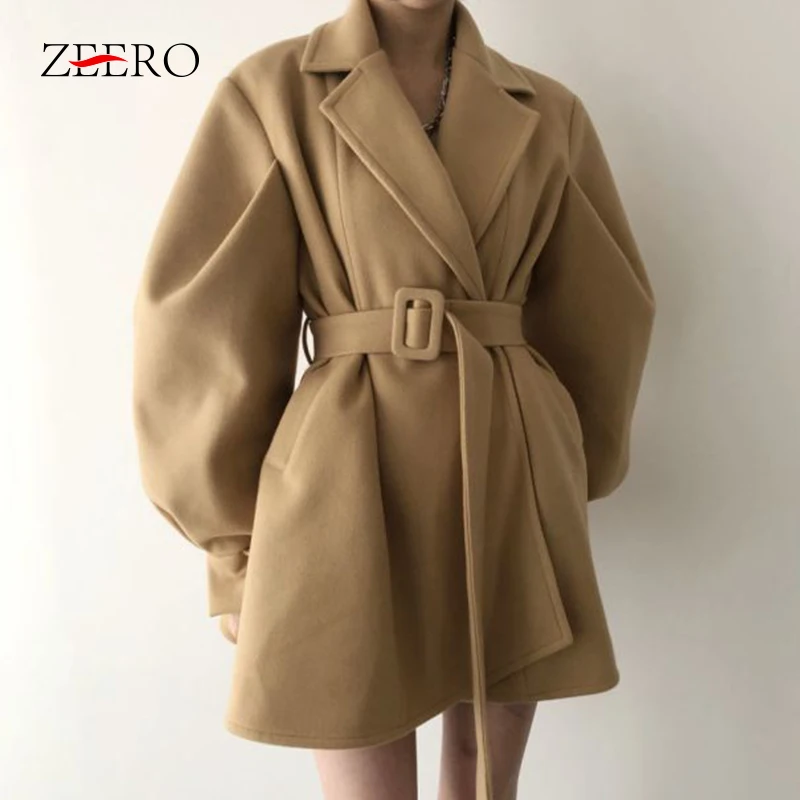 

Spring Autumn Female Classic Black Jacke Dress Lapel Puff Sleeve Sashes Warm Blazer Women Woolen Cloth Outerwear Mini Dresses