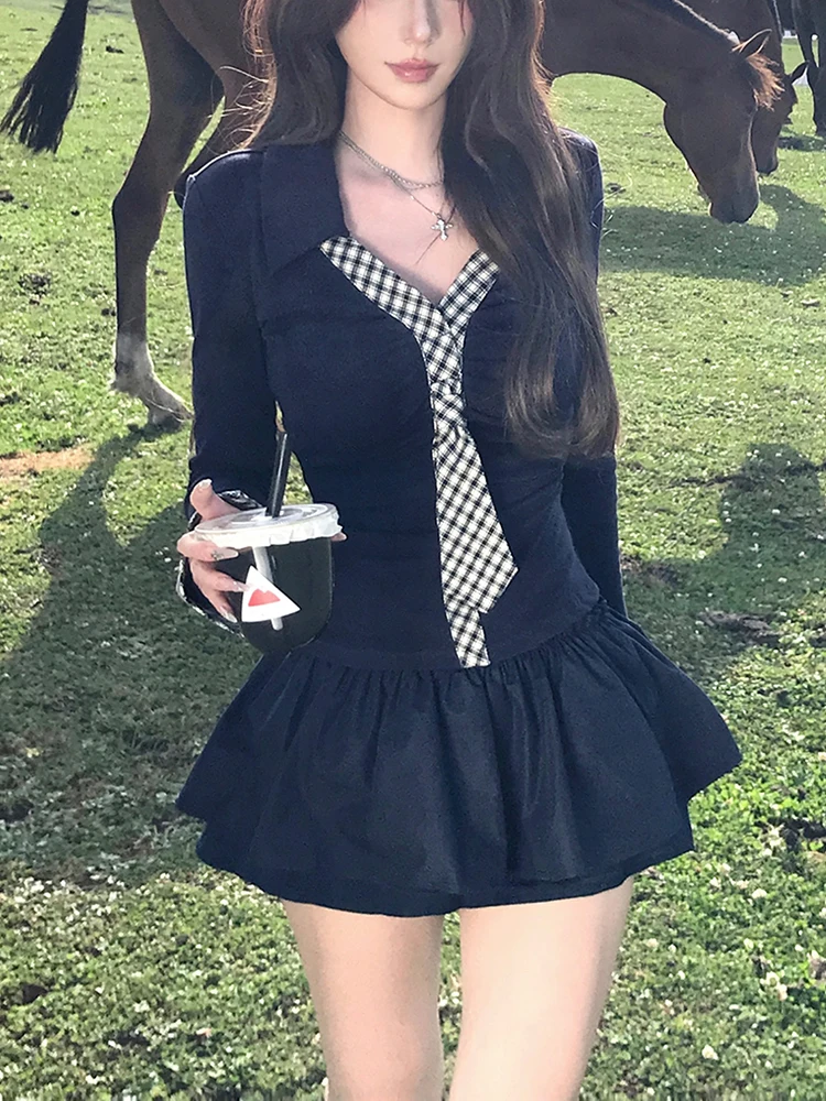 Pure Desire Spicy Girl Plaid V-ne Long Sve ort Skirt Set Women's Faion Autumn 2025 Puffy f-length Skirt Ensemble