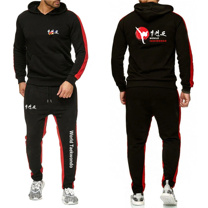 

2024 Spring Autumn Men's WTF World Taekwondo Federation Logo Print Hooded Tracksuit+Drawstring Sweatpants Solid Color Sports Set