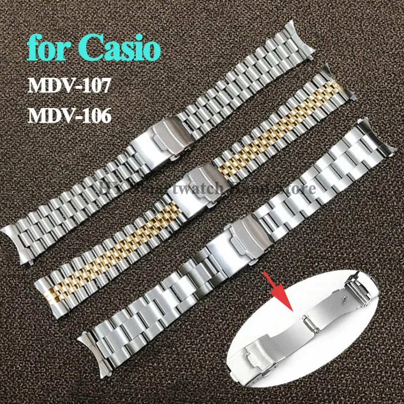 22mm Stainless Steel Watch Band for Casio MDV-107 MDV-106 2784 Diving Strap Curved End Metal Wrist Band Folding Clasp Bracelet